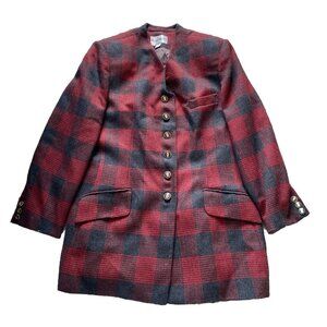 John Meyer Of Norwich Blazer 14 Red Black Houndstooth Plaid Wool Blend Jacket